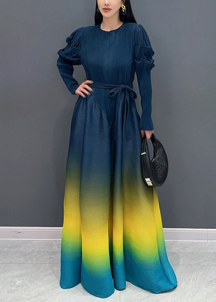 Navy Wrinkled Tie Waist Long Dresses Fall