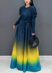 Navy Wrinkled Tie Waist Long Dresses Fall