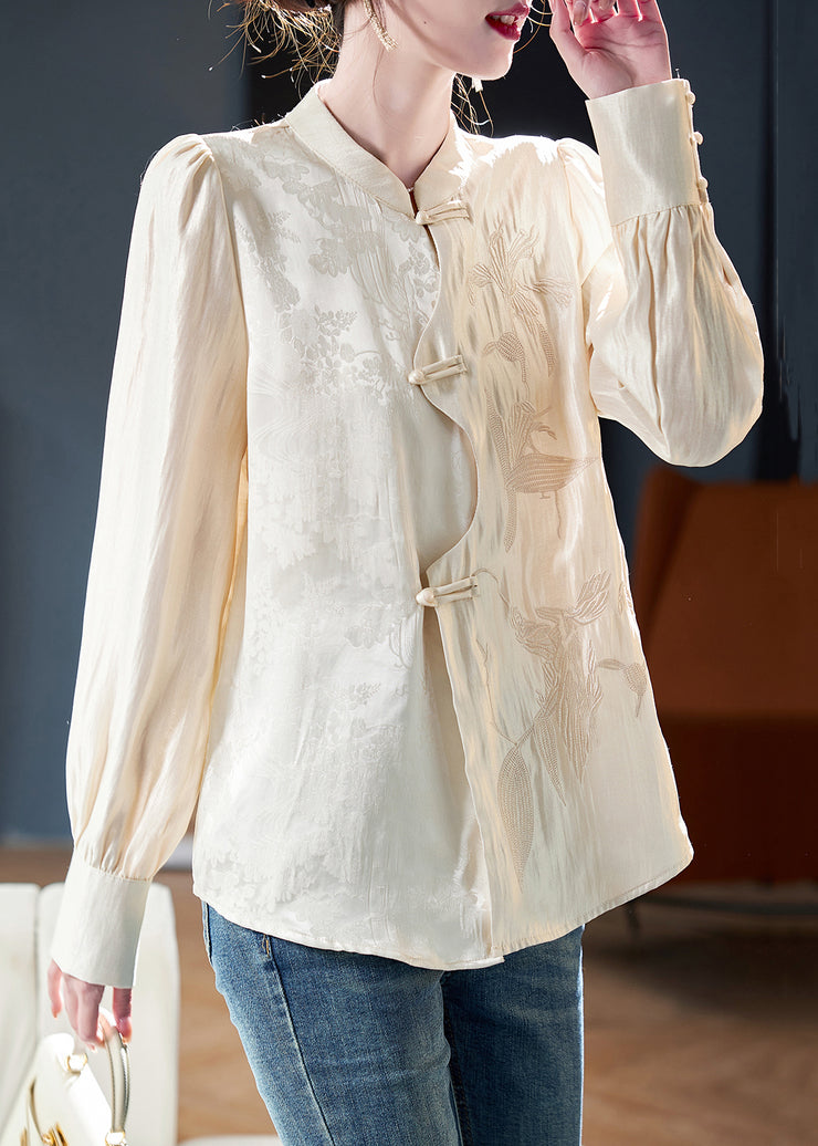 New Apricot Embroidered Button Cotton Shirt Long Sleeve