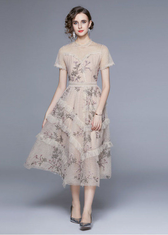 New Apricot Embroideried Ruffled Patchwork Tulle Dress Summer