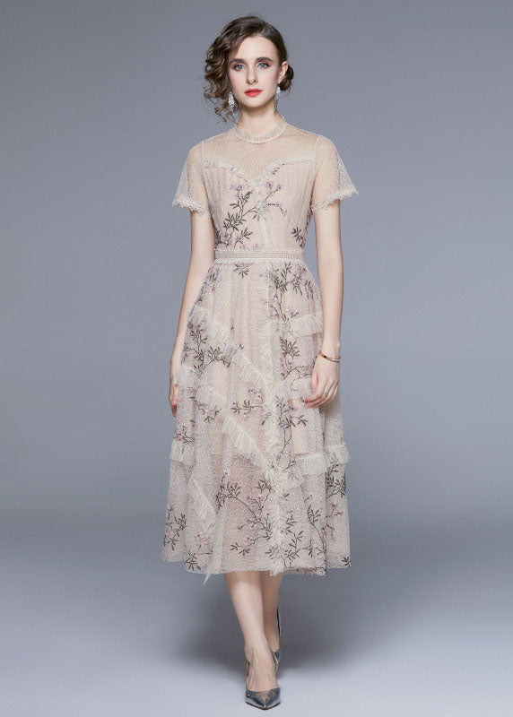 New Apricot Embroideried Ruffled Patchwork Tulle Dress Summer