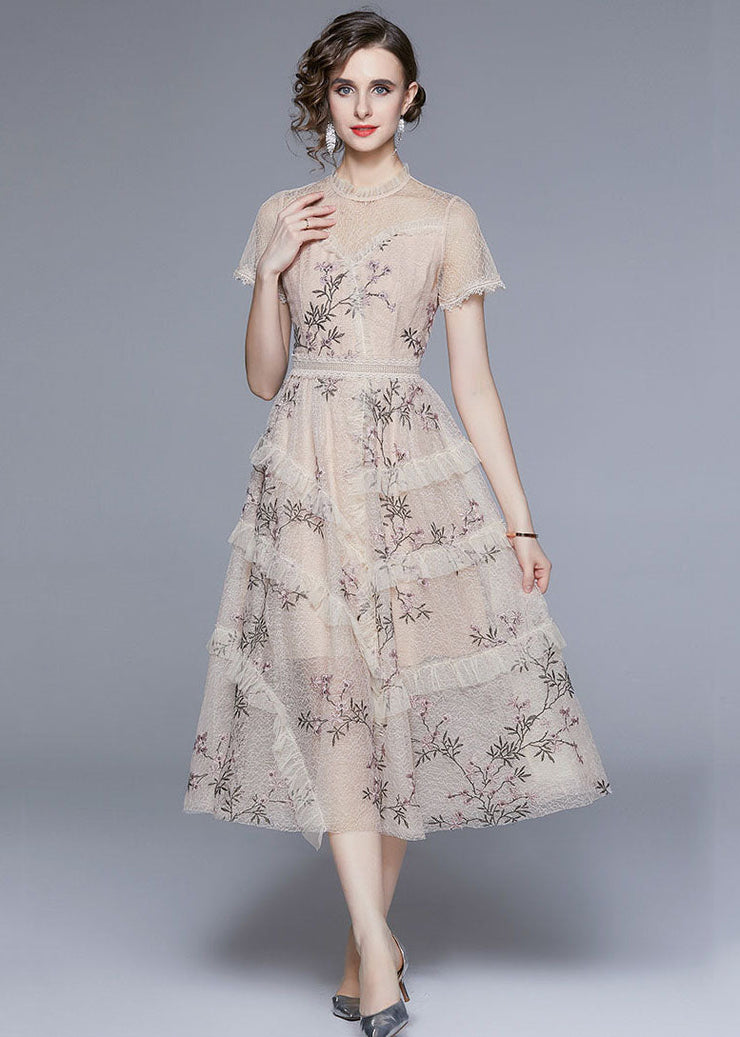 New Apricot Embroideried Ruffled Patchwork Tulle Dress Summer