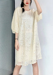 New Apricot O-Neck Sequins Patchwork Dresses Summer