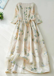 New Apricot Print Lace Up Cotton Long Dress Half Sleeve