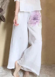 New Apricot Print Pockets Linen Wide Leg Pants Spring