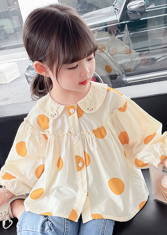 New Apricot Ruffled Button Print Cotton Kids Shirts Long Sleeve