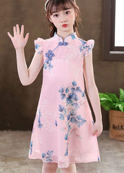 New Apricot Ruffled Print Chinese Button Patchwork Chiffon Baby Girls Dresses Summer