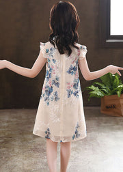 New Apricot Ruffled Print Chinese Button Patchwork Chiffon Baby Girls Dresses Summer