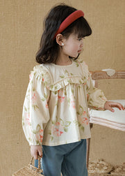 New Apricot Ruffled Print Cotton Girls Top Long Sleeve