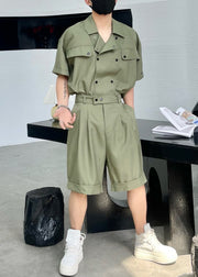 New Army Green Button Shirts And Shorts Cotton Mens Two Pieces Set Summer