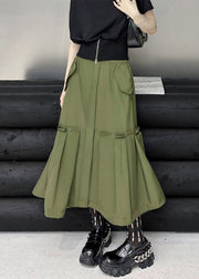 New Army Green Pockets High Waist Patchwork Cotton A Line Skirts Fall