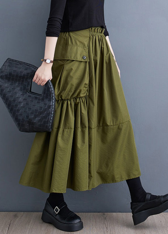 New Army Green Wrinkled Pockets Patchwork Cotton Skirts Fall