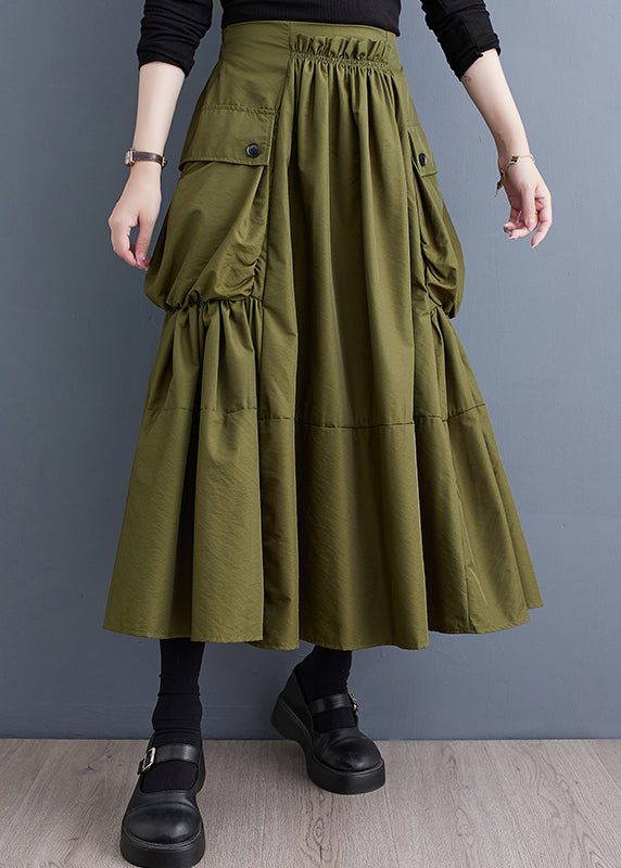 New Army Green Wrinkled Pockets Patchwork Cotton Skirts Fall