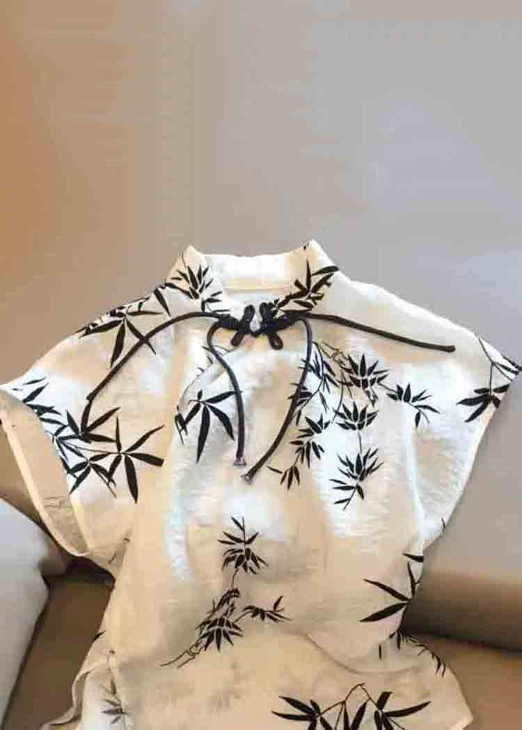 New Beige Chinese Button Print Cotton Tops Summer