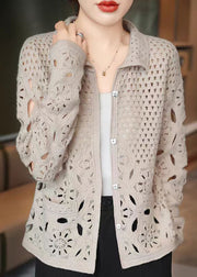 New Beige Hollow Out Button Knit Cardigan Fall