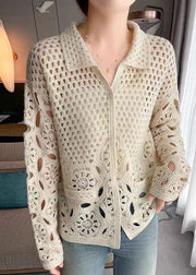 New Beige Hollow Out Button Knit Cardigan Fall