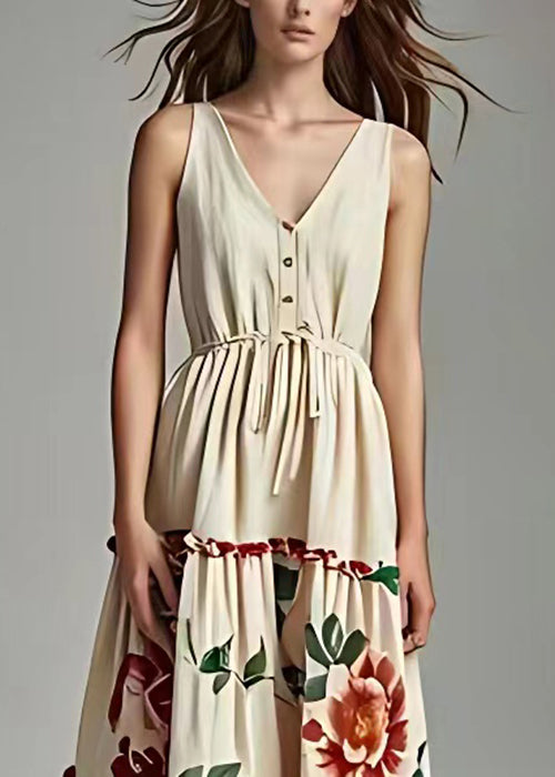 New Beige Lace Up Print Cotton Long Dresses Sleeveless