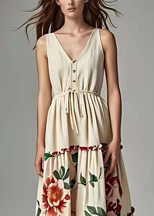 New Beige Lace Up Print Cotton Long Dresses Sleeveless