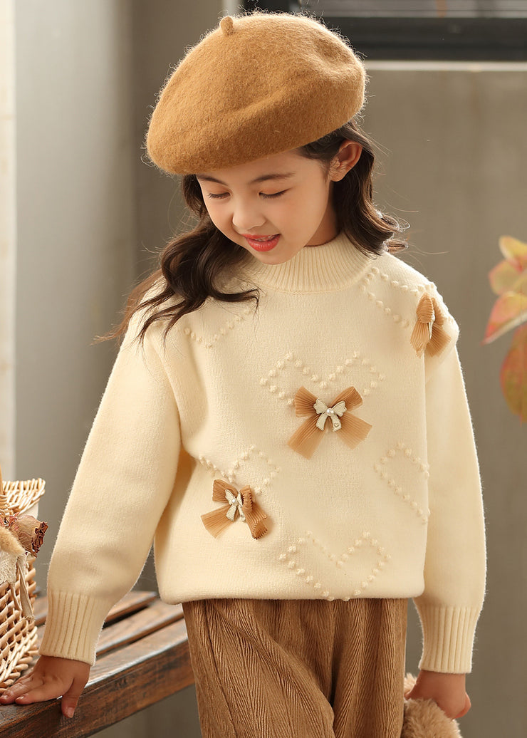 New Beige O-Neck Bow Pearl Cotton Knit Kids Sweaters Winter