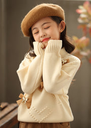 New Beige O-Neck Bow Pearl Cotton Knit Kids Sweaters Winter