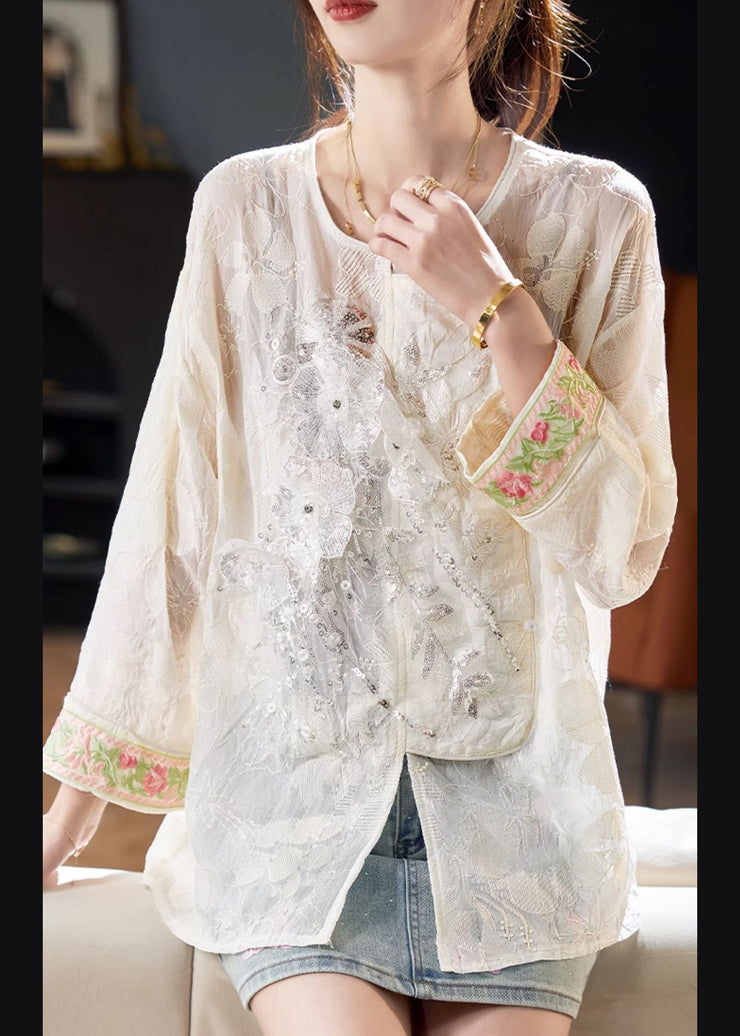 New Beige O-Neck Embroidered Sequins Blouses Fall