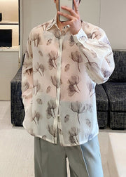 New Beige Peter Pan Collar Print Tulle Men Shirts Fall