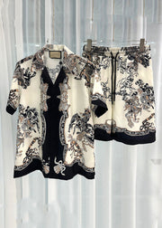 New Beige Print Elastic Waist Ice Silk Mens Two Piece Set Short Sleeve