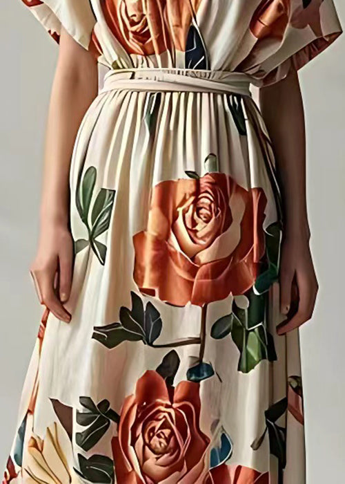 New Beige Print High Waist Cotton Maxi Dress Summer