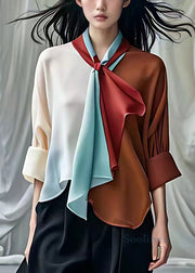 New Beige Scarf Collar Patchwork Chiffon Shirts Long Sleeve