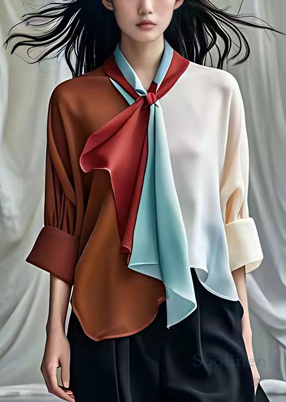 New Beige Scarf Collar Patchwork Chiffon Shirts Long Sleeve