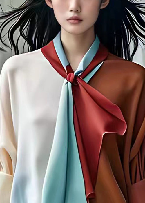 New Beige Scarf Collar Patchwork Chiffon Shirts Long Sleeve