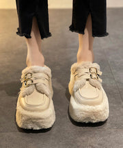 New Beige Splicing Platform Teddy Slide Sandals