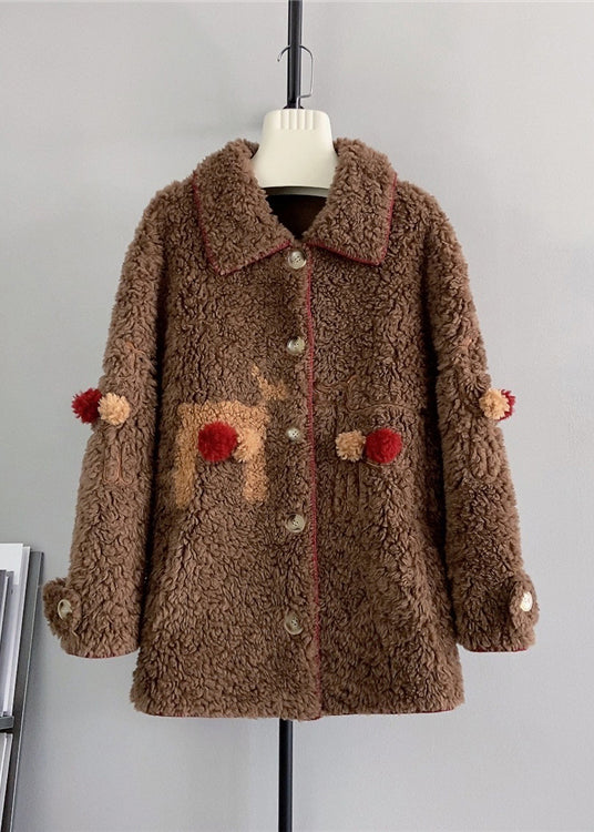 New Beige Square Neck Playful Little Deer Wool Jacket Winter