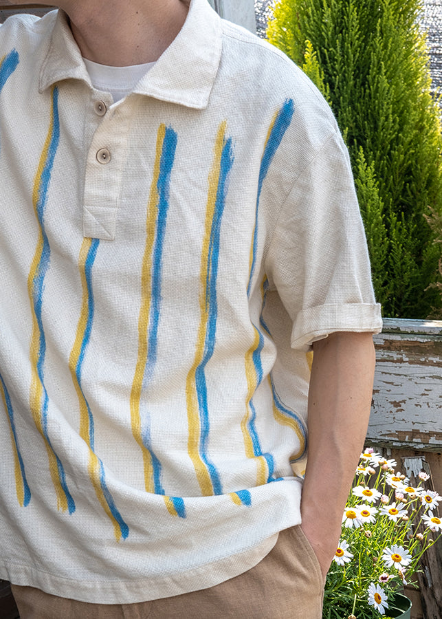 New Beige Striped Button Cotton Mens Shirts Summer