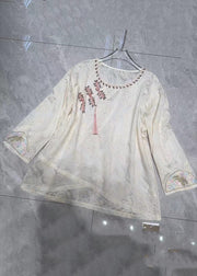 New Beige Zircon Embroidered Cotton Shirt Long Sleeve