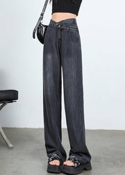 New Black Asymmetrical Button High Waist Straight Pants