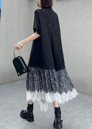 New Black Asymmetrical Button Lace Patchwork Shirts Long Dresses Summer