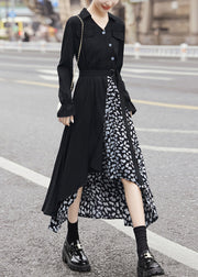 New Black Asymmetrical Tie Waist Patchwork Chiffon Dress Long Sleeve