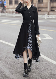 New Black Asymmetrical Tie Waist Patchwork Chiffon Dress Long Sleeve