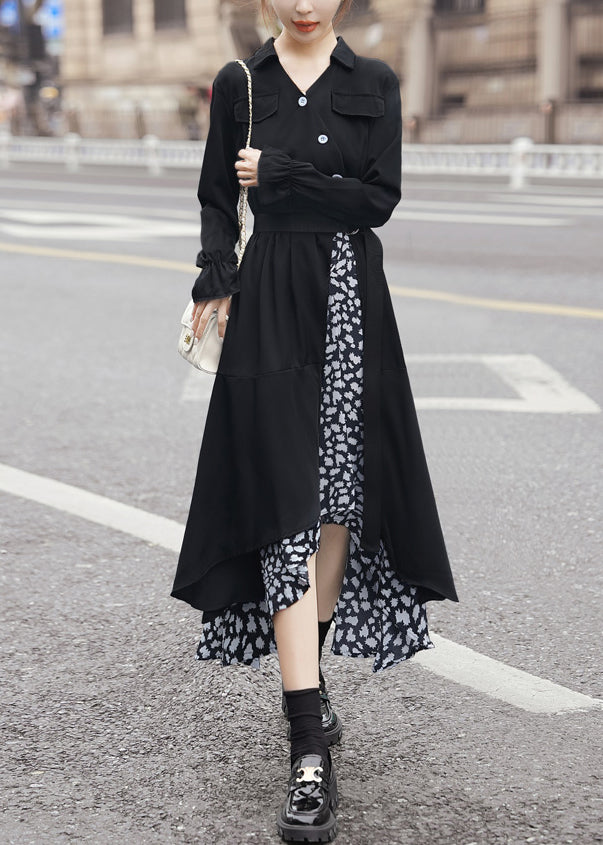 New Black Asymmetrical Tie Waist Patchwork Chiffon Dress Long Sleeve