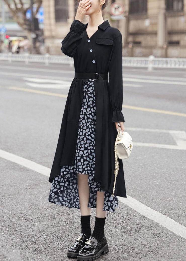 New Black Asymmetrical Tie Waist Patchwork Chiffon Dress Long Sleeve