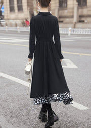 New Black Asymmetrical Tie Waist Patchwork Chiffon Dress Long Sleeve