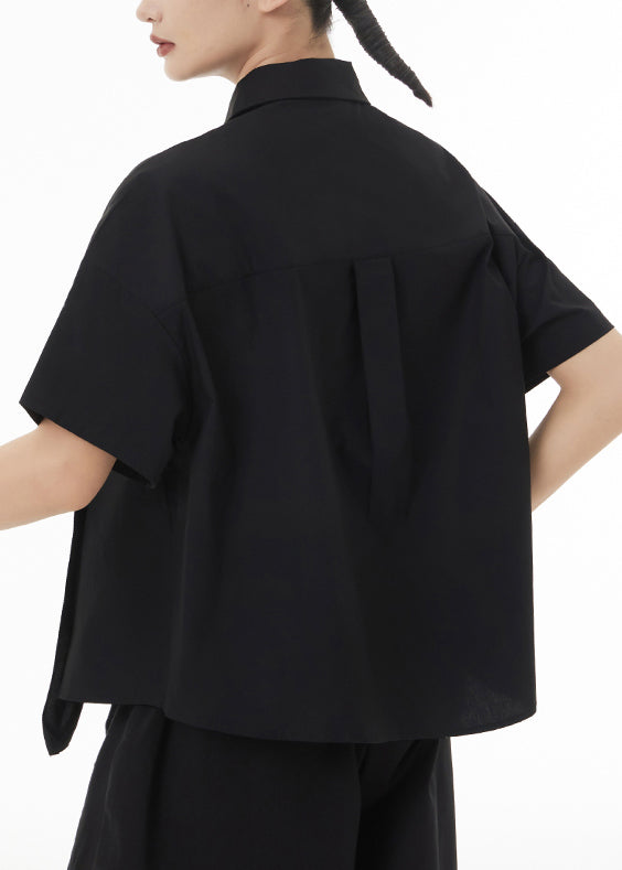 New Black Asymmetrical Wrinkled Patchwork Cotton Shirts Summer