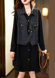 New Black Button Denim Patchwork False Two Pieces Shirt Dress Spring