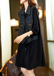 New Black Button Denim Patchwork False Two Pieces Shirt Dress Spring