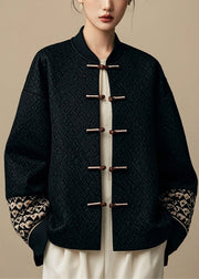 New Black Button Patchwork Cotton Coat Fall