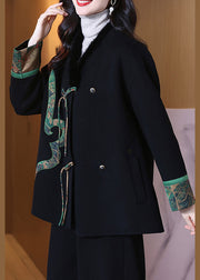 New Black Button Pockets Wool Coat Long Sleeve