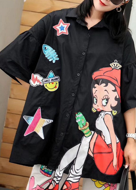 New Black Cartoon Sequins Patchwork Cotton Shirts Top Summer