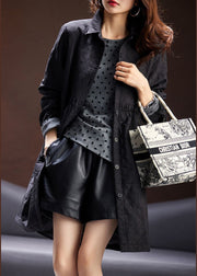 New Black Cinched Button Pockets Cotton Coat Long Sleeve