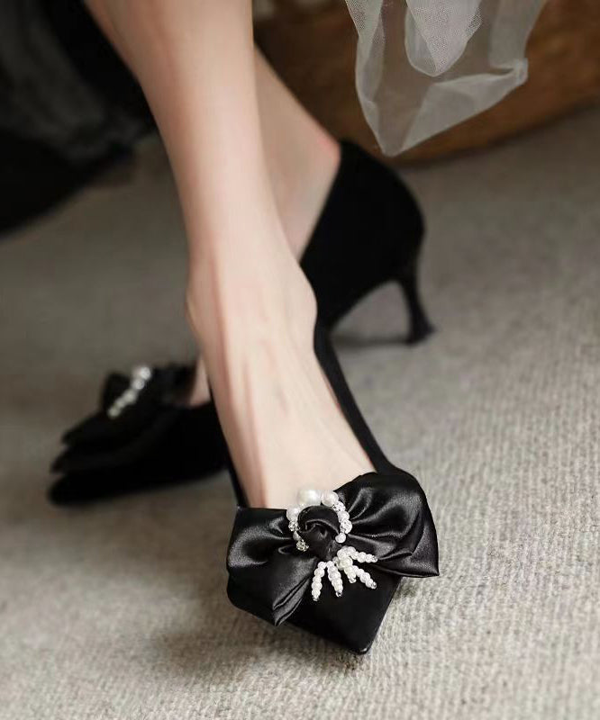 New Black Classy Beaded Bow Suede High Heels